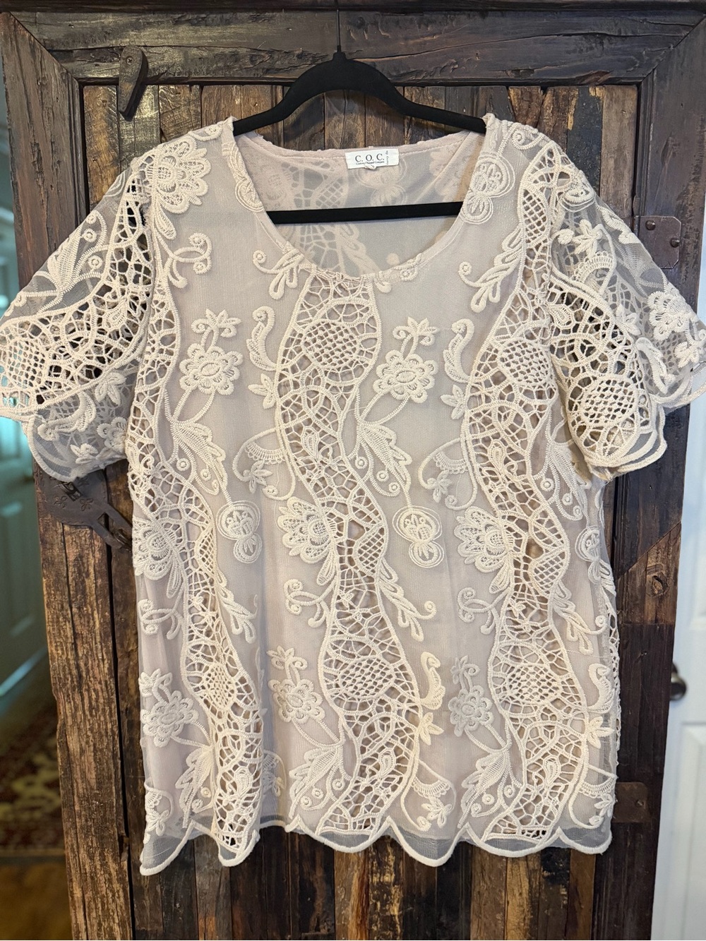 C.O.C Clothing Obsessed Company Top 1XL Ivory Embroidered Lace Sheer Boho